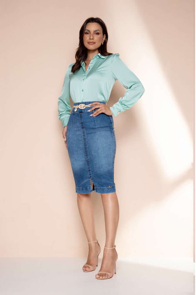 Satin Green Button-Front Shirt – Keiliane