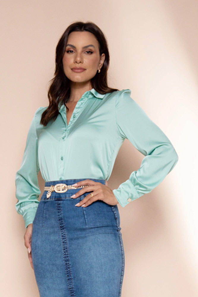 Satin Green Button-Front Shirt – Keiliane