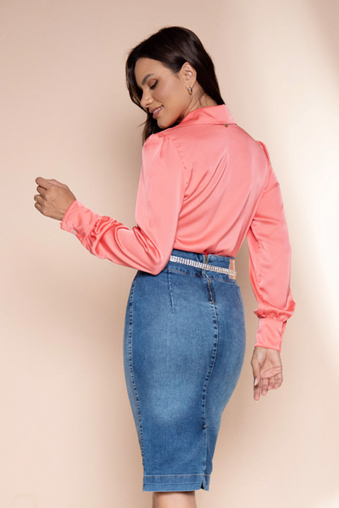 Satin Coral Button-Front Shirt – Keiliane